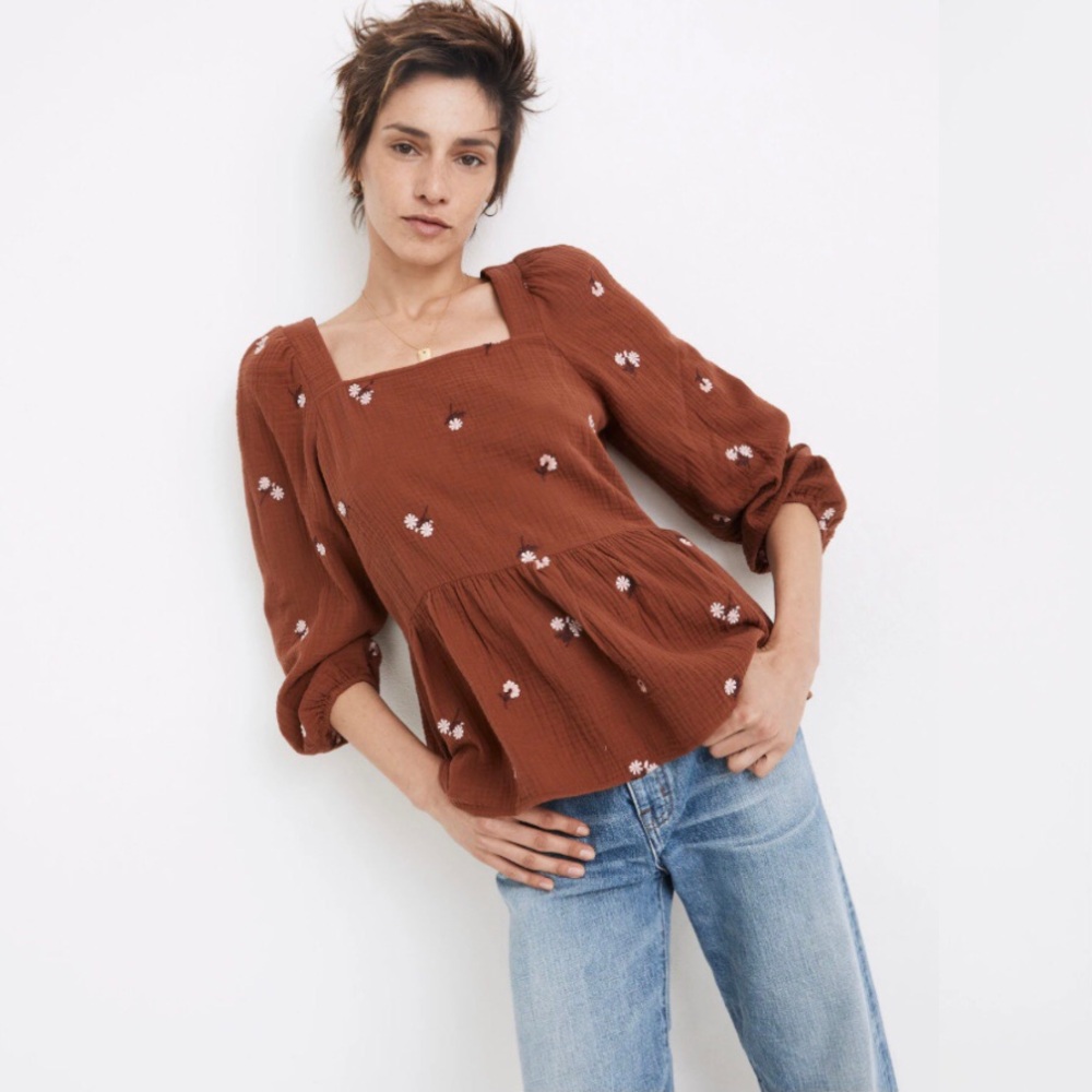 Madewell Amie Floral Embroidered Lightspun Millbrook Top in Maple Syrup XS